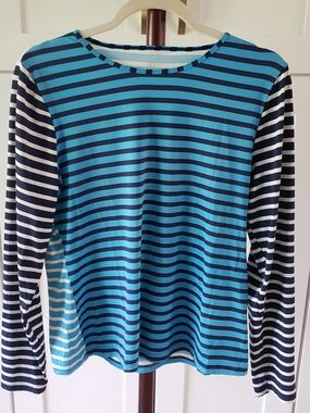 Lands' End Turquoise and Navy Striped Long-Sleeve Tee